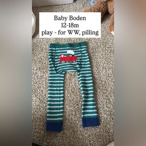 Baby Boden Green and White Striped Knit Pants with Red Train Applique